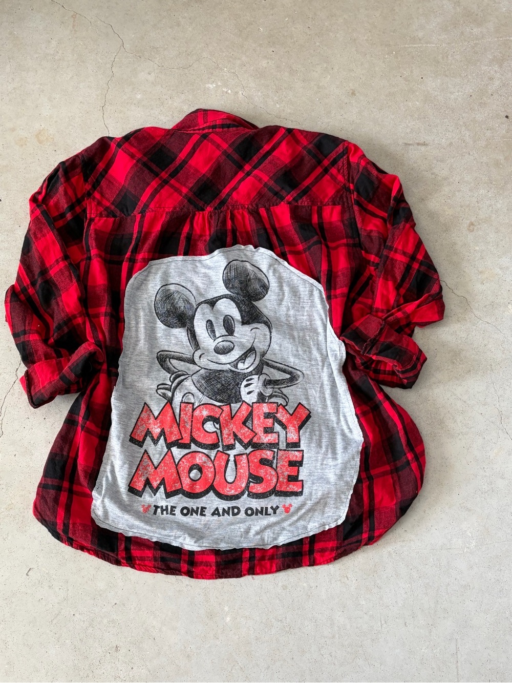 Upcycled Disney Mickey Mouse Red Black Buffalo Plaid Flannel Shirt